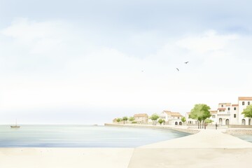 A mediterranean style town on the coast with a large body of water.