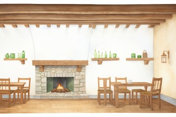 A watercolor painting of a cozy tavern interior with a fireplace, wooden tables and chairs, and shelves stocked with green bottles.