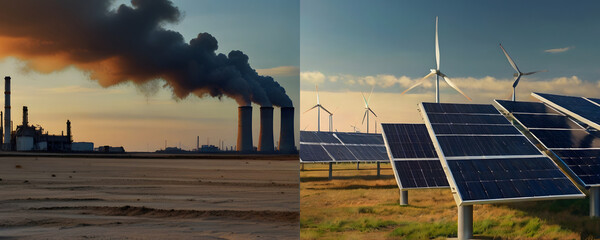 Split-screen: Fossil fuels vs. Renewables. Generative AI