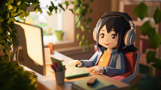 Low-poly anime girl at desk with headphones, using PC - Lofi Aesthetics, Streaming Music Industry.