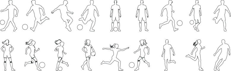 man woman Soccer player line art in action, dynamic, sport, football, kick, run, dribble, goal, play, match, game, athlete, competition, minimalistic, clean, lines, no background, individual, focus