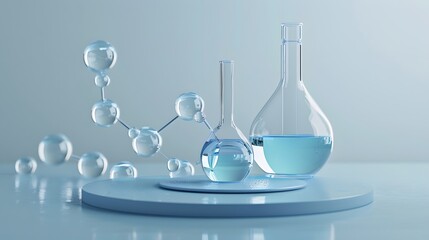 A blue minimalist lab scene with a circular transparent stage on the table top. creating a profes.	