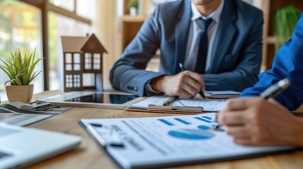 Fototapeta premium Two men in suits are sitting at a table with a house model and a laptop