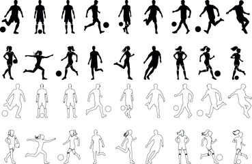 man woman Soccer player silhouettes, dynamic poses, male and female, white background, football actions, running, kicking, sports illustration