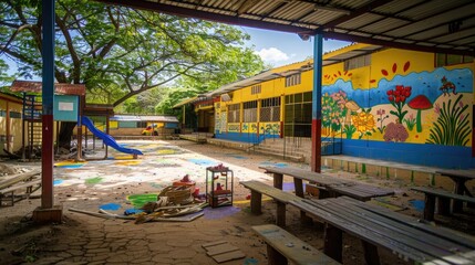 A school yard with a mural on the side of the building
