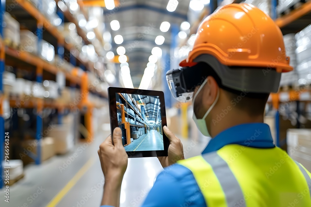Poster worker uses ar tablet to manage automated retail warehouse operations efficiently. concept augmented
