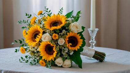 Bouquet with sunflower and white roses on a wedding table decorated with white tablecloth