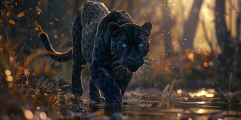 A black panther with blue eyes walks through the forest, its fur glistening in the sunlight, while leaves rustle around it - obrazy, fototapety, plakaty