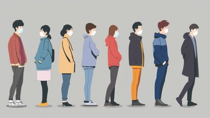 A group of people wearing masks line up to enter a building