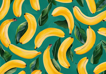 Fresh ripe bananas and green leaves with a repeating pattern on a vibrant green background