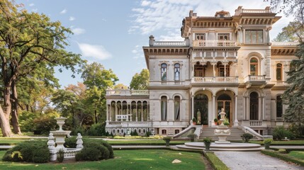 Obraz premium A large, old house with a white facade and a large fountain in front of it