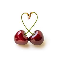 cherries with heart-shaped stems on a white background