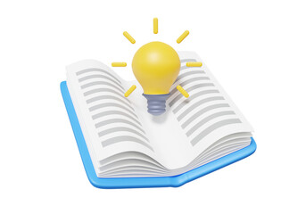 Open book with Light bulb creative new idea technology innovation invention on isolated transparent background. learning online education concept. 3d rendering illustration