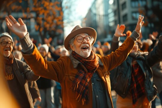 A group of seniors joyfully dancing in a flash mob in the city square, showcasing energy and enthusiasm. Joyful elderly man celebrating with arms raise