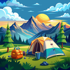 A large white camping tent with camping gears in green grass with mountains and blue sky with white clouds in the background. 