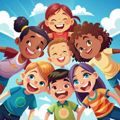 Group portrait of happy children sticking together, looking at the camera and smiling. Low tilt, bottom view. Friendship Concept