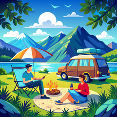 Couple sitting in a camping chair in the middle of nature with a view of the island in a beautiful blue sky 