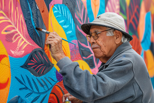 Elderly artist painting a colorful mural
