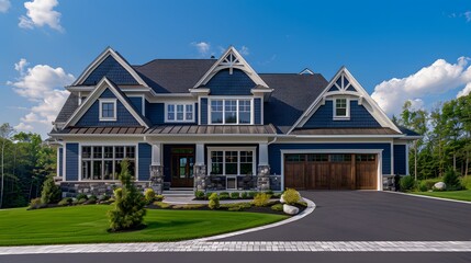 Modern style luxurious new construction home with blue siding, a natural stone wall, and a two-car garage.