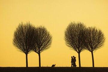 black silhouettes figure with a dog against the colourful background of the setting sun