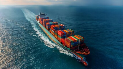 Aerial view of container ship at sea global logistics and shipping. Concept Container Ship, Aerial View, Global Logistics, Shipping, Sea