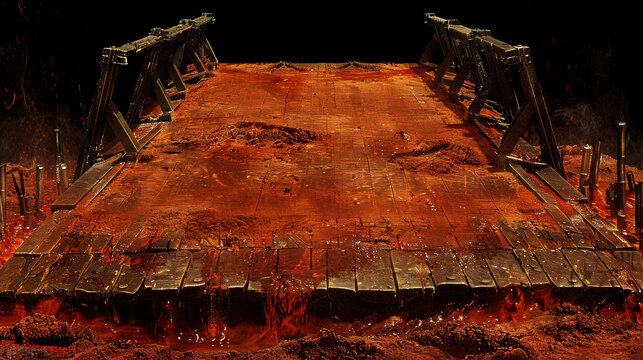 A bridge made of wood is surrounded by red lava. The bridge is in the middle of a fiery landscape