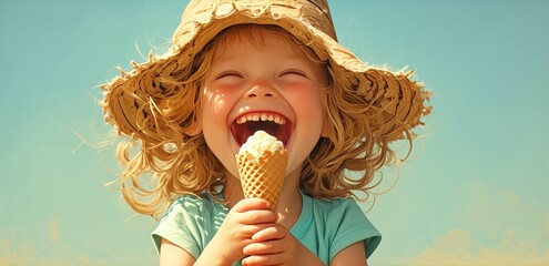 Little boy in summer hat eating ice cream on blue background, copy space concept for advertising and design with child laughing while holding cone of vanilla soft serve frozen food. - - obrazy, fototapety, plakaty