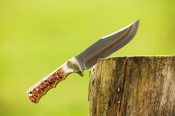 a bowie knife with an antler shank stuck in the stake