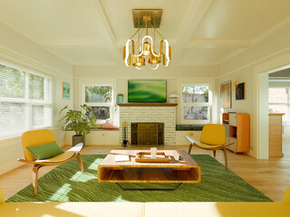 Modern Living room renovation of an old vintage colonial american wood house - 3D render