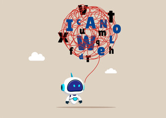 Robot with a cloud of scattered letters above cyborg. Dyslexia concept. Support relief anxiety or depression. Vector illustration