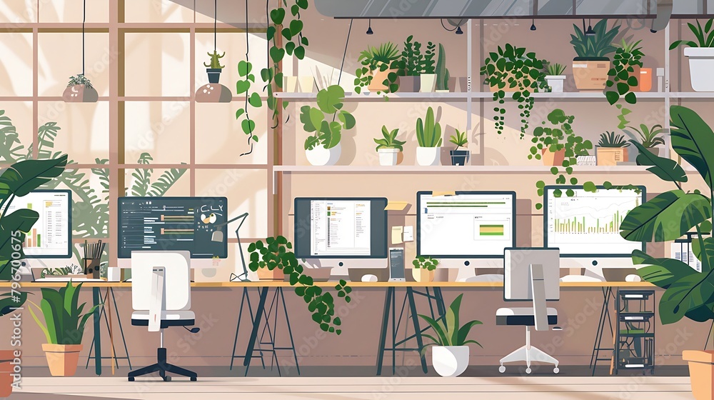 Poster a tech startup environment with a diverse team working on multiple monitors displaying