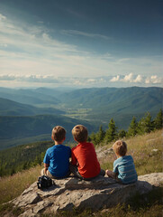 Naklejka premium Father's Day, a father sitting with his children, with the camera view from behind, father day, father's day, father day celebration, hicking, view of mountain, mountain view, camera from behind