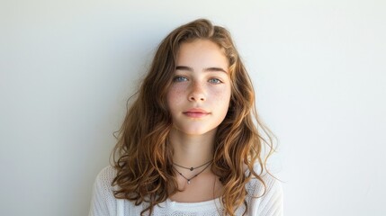 Naklejka premium Teenager girl collage new student with brown hair and blue eyes is wearing a necklace. Preparing for new education year