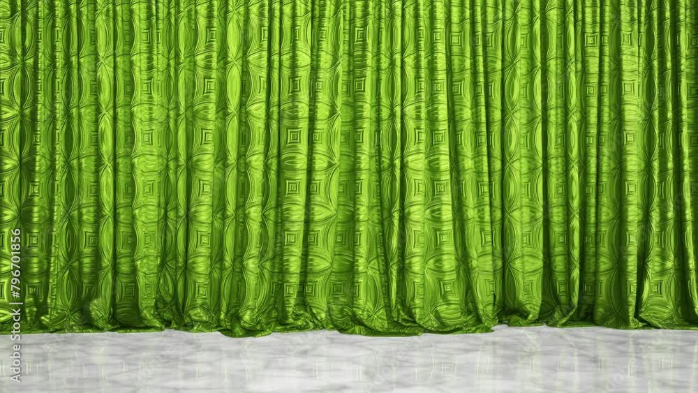 Aufkleber realistic 3d animation of the green curtain with embossed ornament and polished white marble floorin
