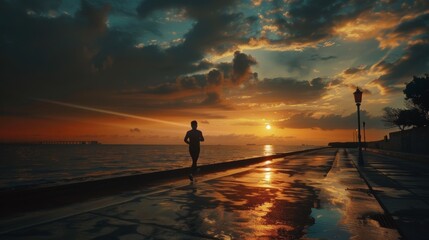 A man is running along the beach at sunset