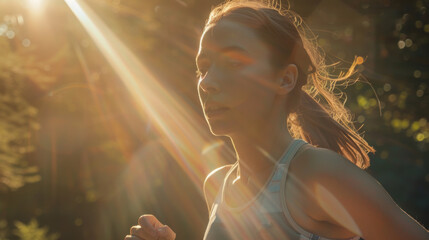A woman is running in the sun with her eyes closed