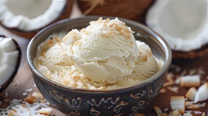 A bowl of soft and smooth young coconut ice cream topped with diced coconut flesh, offering a tropical and indulgent dessert experience.