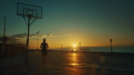 A silhouette of a man running on a basketball court