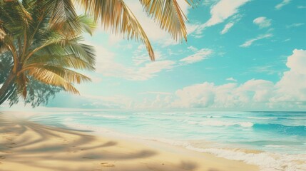 A beautiful beach with a palm tree in the foreground