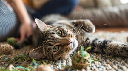A cat rolling around in a pile of catnip toys while its owner looks on with amusement, showcasing the simple joys and entertainment provided by feline play. - obrazy, fototapety, plakaty