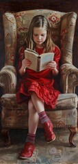 A painting of a little girl sitting in a chair reading a book