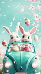 A couple of rabbits are driving in a car