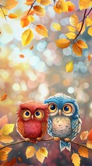 Two owls are sitting on a branch in the fall
