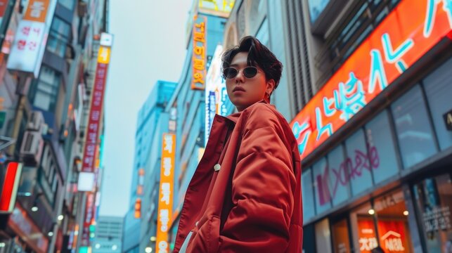 Fototapeta Cool Korean man in a red jacket stands in front of a building with a large sign on it
