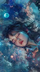 A girl is sleeping in the sky with her eyes closed