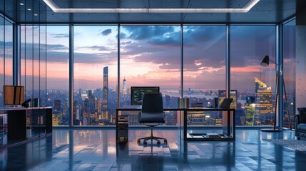 A large office with a view of the city skyline