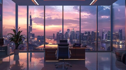 Fototapeta premium A large window office overlooking a city skyline with a view of the ocean