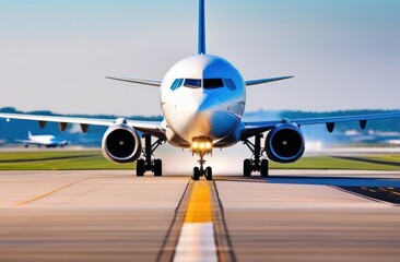 Front view of the nose of an airplane on an airport runway under a dove sky. Aviation technology and world travel concept