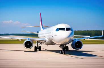 The plane on the takeoff pad at the airport is white. Flights, flights, tourism