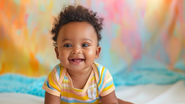 Playful baby in colorful attire,  expressing delight against a soothing pastel backdrop